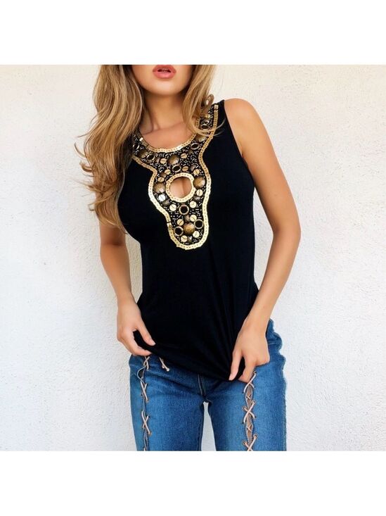 Cache Tops - Cache Black Top with Bib Collar  Metallic Accents and Sequins Small